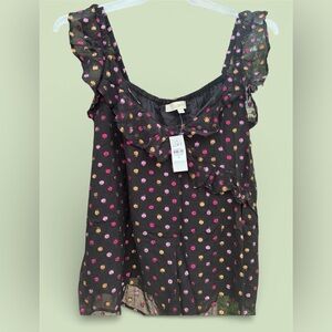 LOFT NWT Black Metallic Polka Dot Sheer Blouse XL Ruffle Chiffon